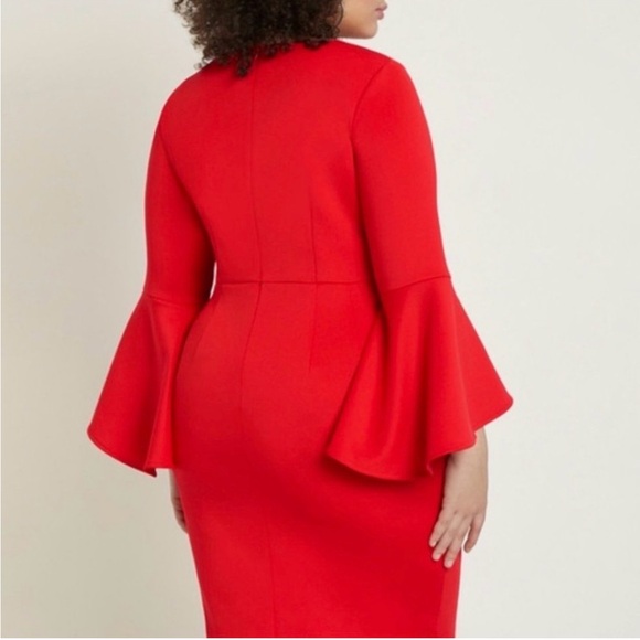 Eloquii Womens Red Bell Sleeve Round Neck Back Zip Bodycon Dress - Picture 2 of 11